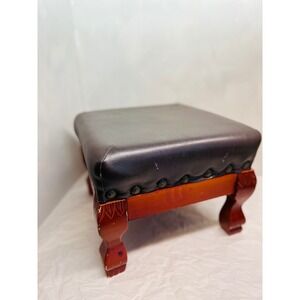 Vintage Style Wood Footstool Black Leather Nailhead Trim Carved Legs 12x9